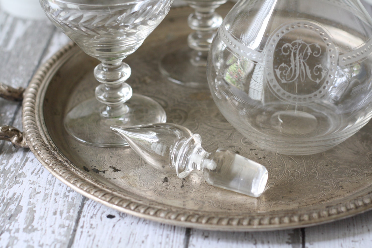 Reserved for Hannah - Vintage Etched Glass Decanter with Monogram - "R"
