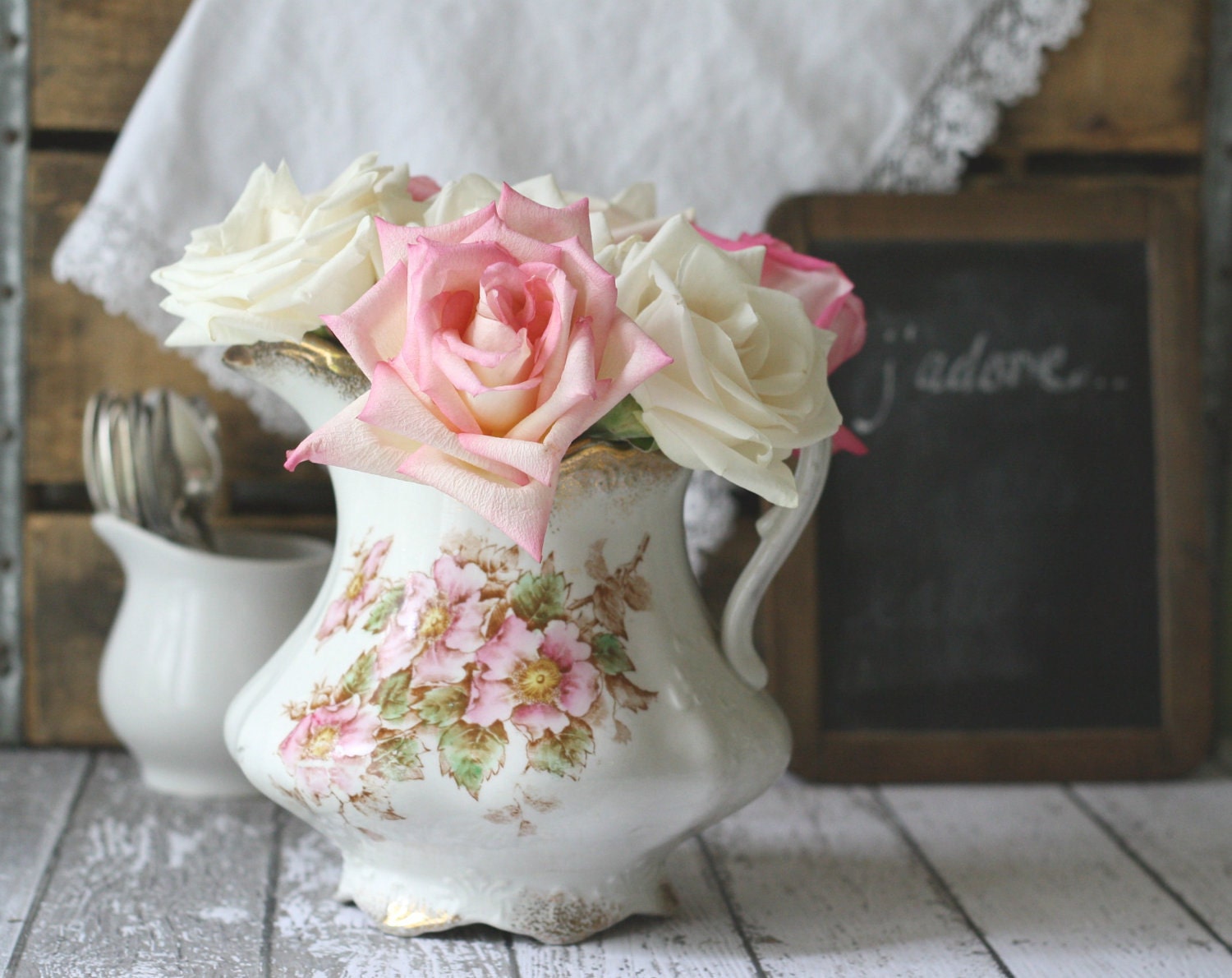 Antique Rose Shabby Chic Pitcher by Goodwin Pottery - circa 1844 - RARE