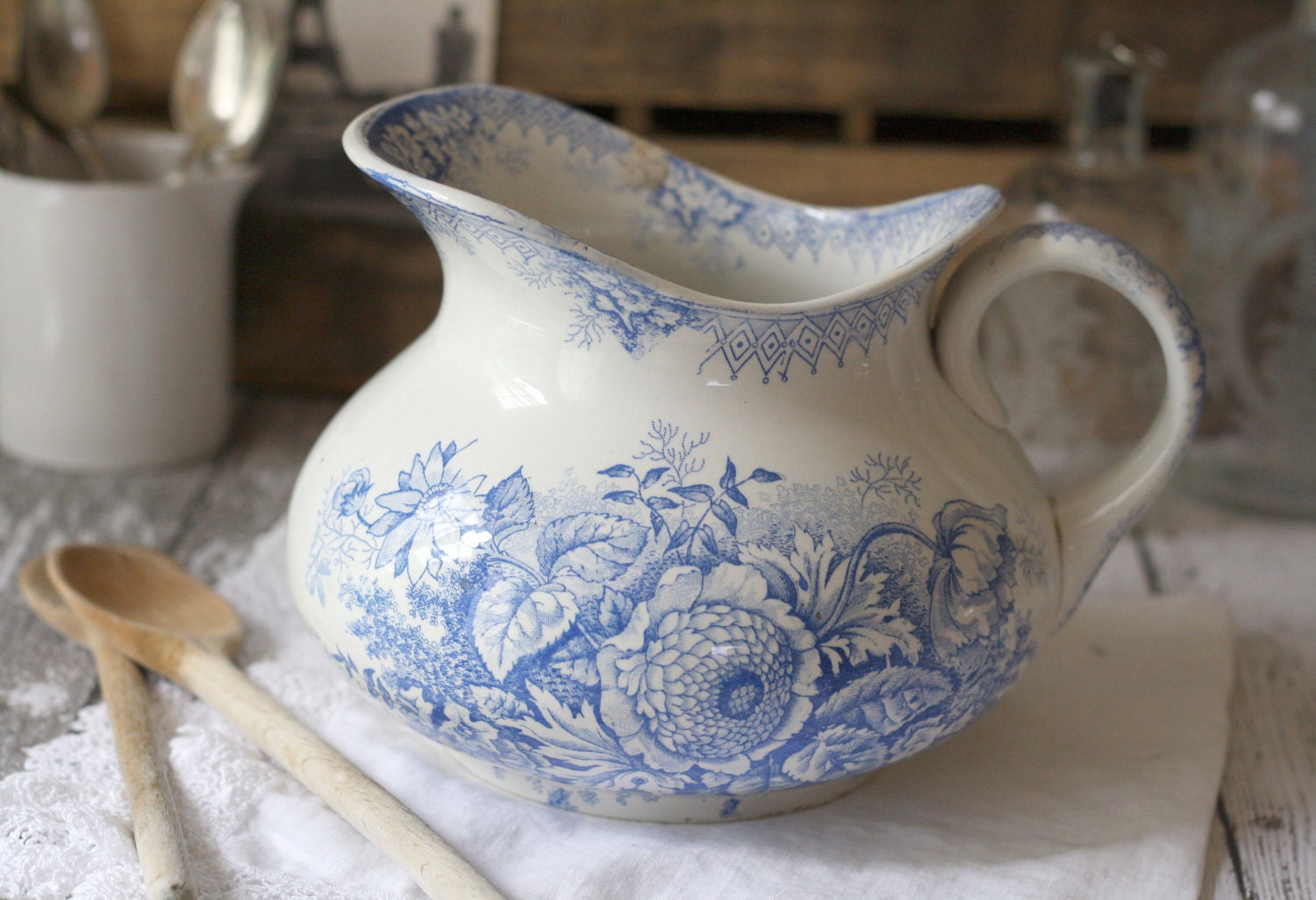 Antique French Blue Transferware Pitcher - Floral - Jardiniere - by Saint Amand - circa 1890's