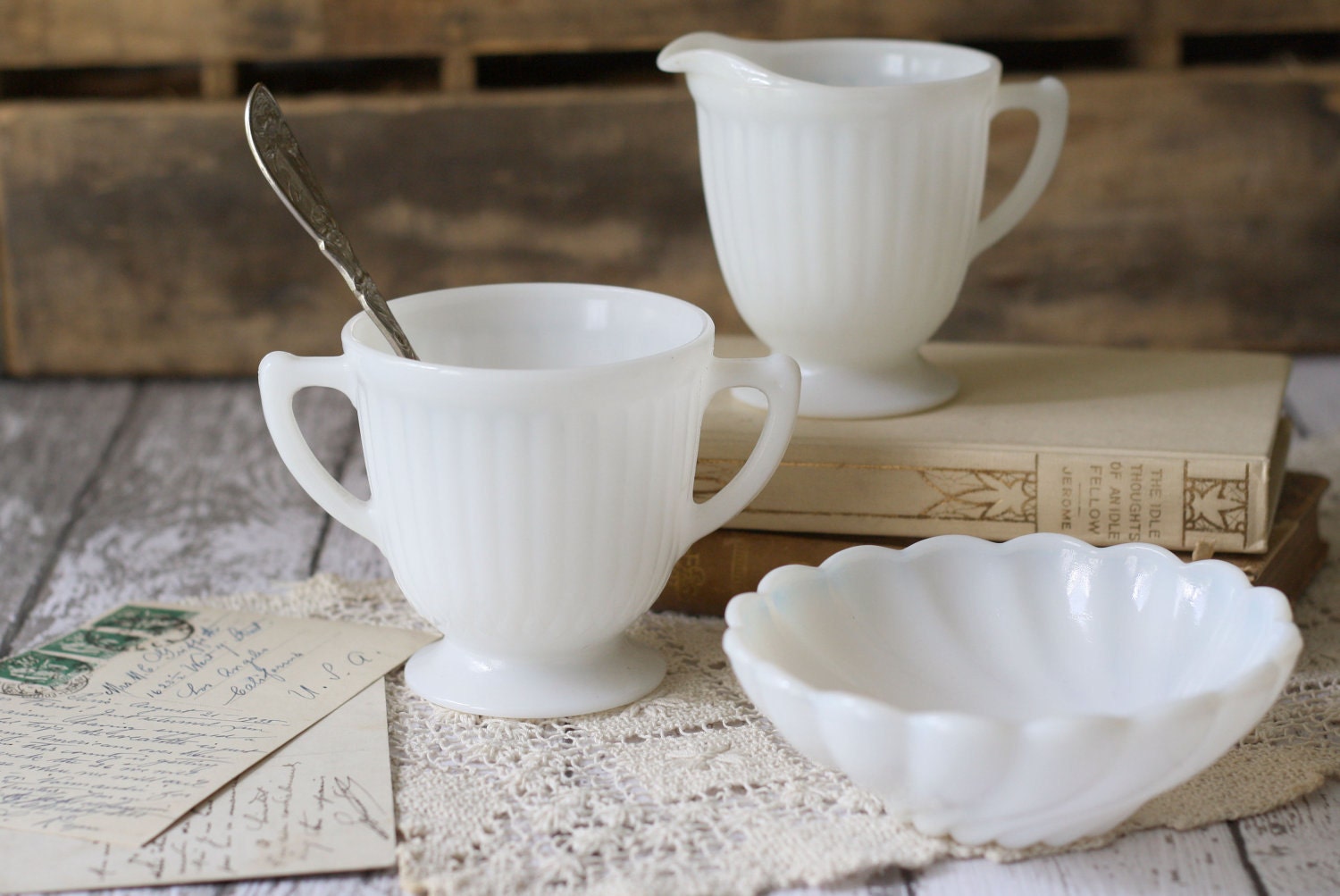 Vintage Milk Glass Creamer, Sugar and Bowl Set