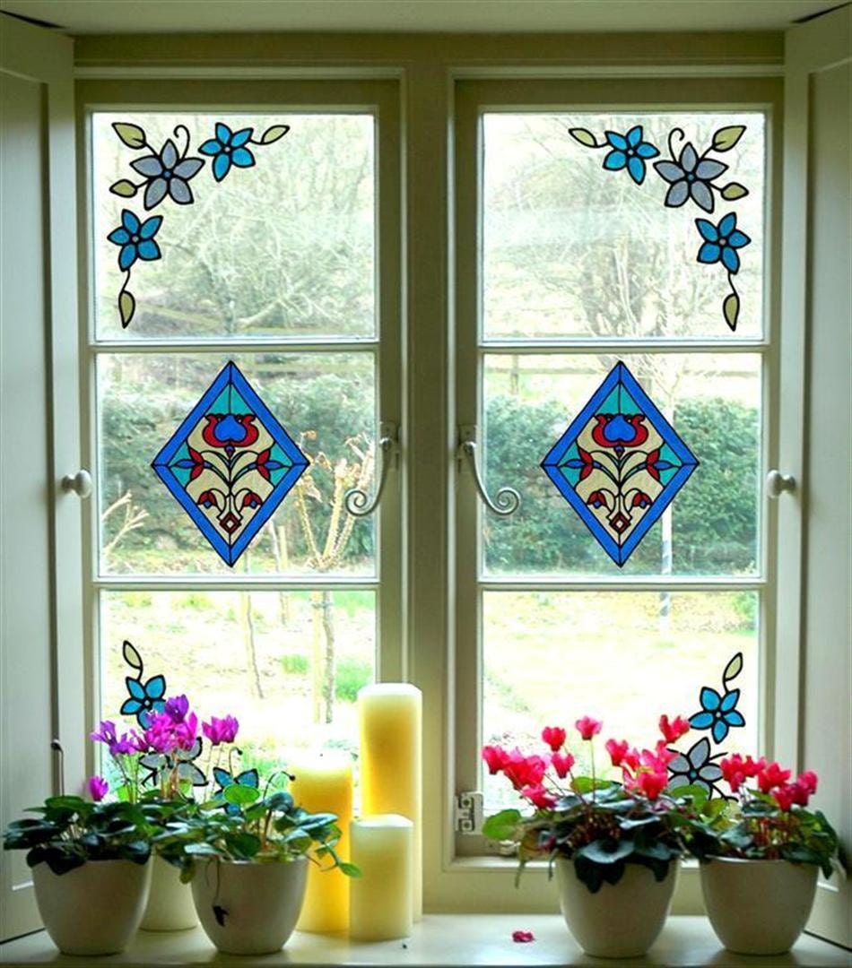 Stained glass cling - Window stickers set - 2 diamonds and 4 floral corners. Handmade Sticker. Home decoration - Suncatcher