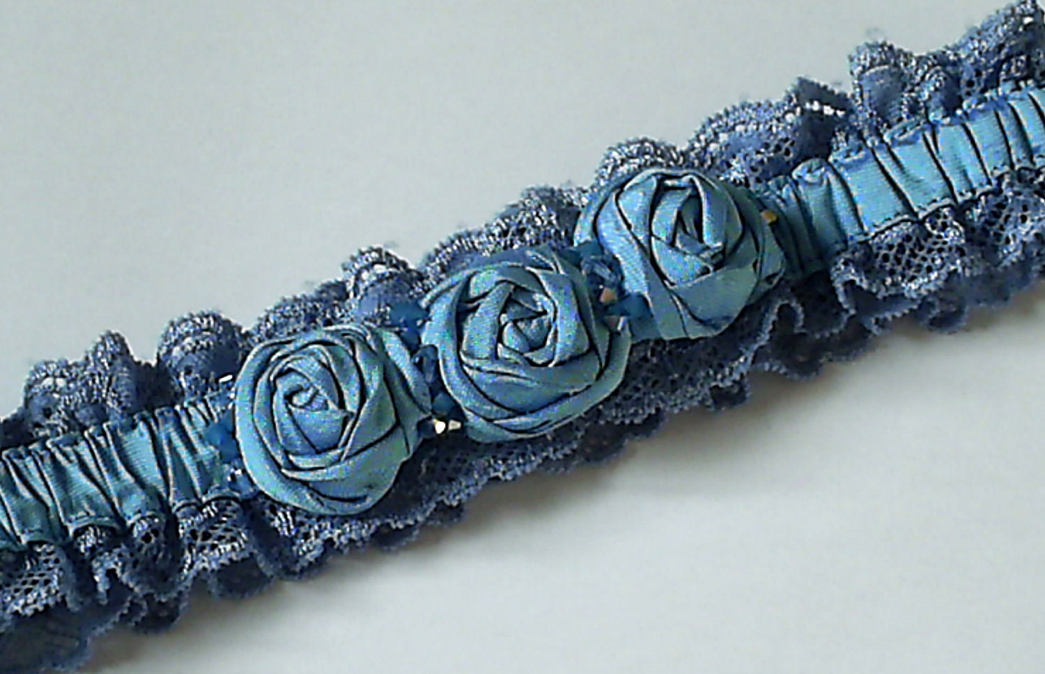Blue Garter- Silk and Lace with Rosettes and Swarovski Crystals