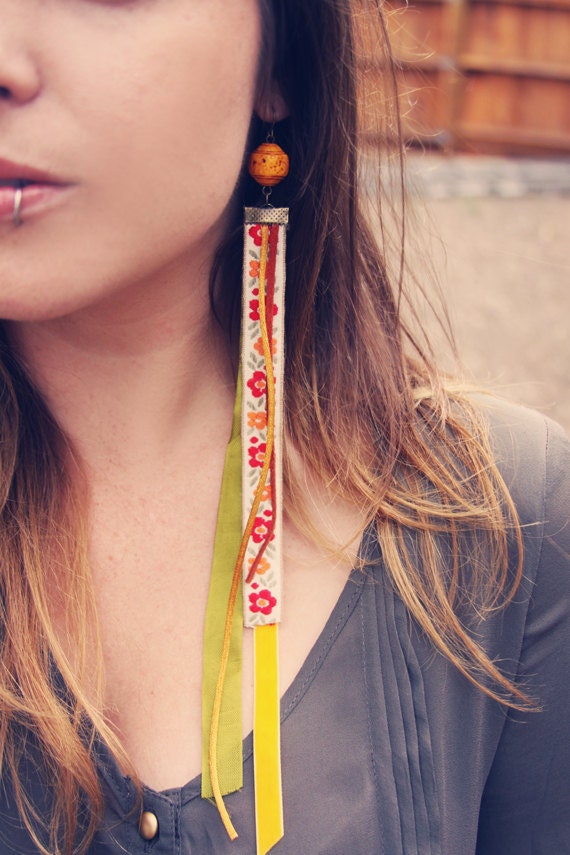 RESERVE FOR HEATHER tiva. a long gypsy textile earrings in bright bold colors.