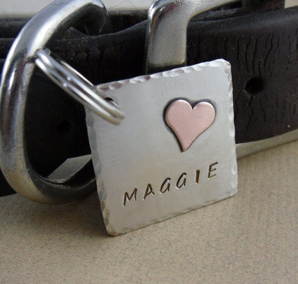Pet ID Tag - Square Dog Tag with Copper Heart