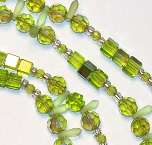 Handmade 45" Long Green Czech CRYSTAL Rope NECKLACE   Multi Bead Shapes and Hues  Faceted Clear AB Beads