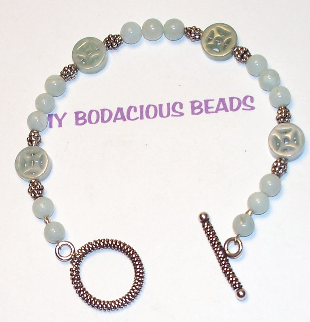 Handmade 7 1/2" BRACELET AMAZONITE Beads JADITE Carved Circle Beads Silver Accents and Toggle Clasp