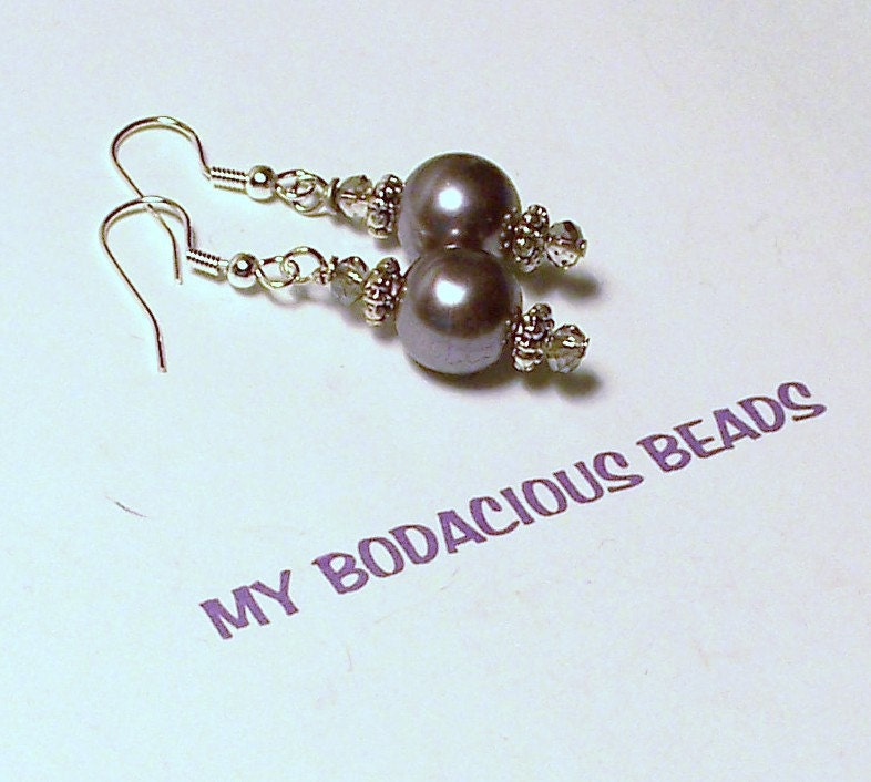 Elegant Handmade 2"   Dangle Gray PEARL EARRINGS  Swarovski Crystal with Silver Accent Beads and Wires
