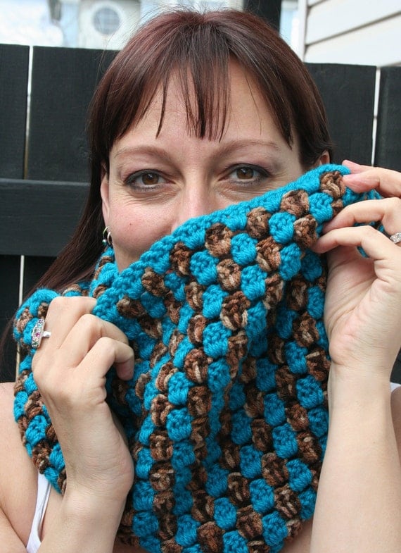 Crochet Peacock Blue and Multi Browns Infinity Scarf Neck-warmer Cowl Shawl Wrap