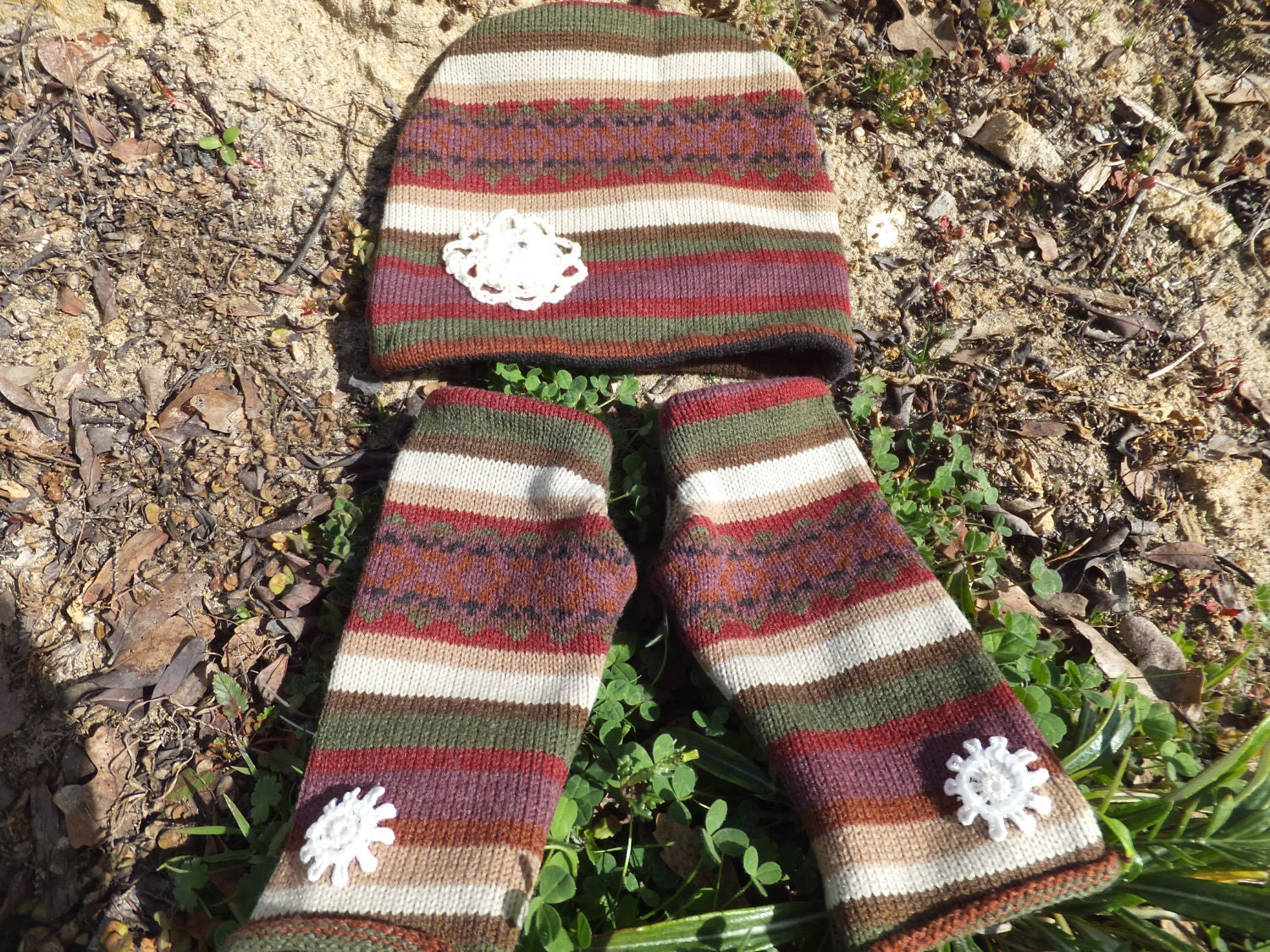 Sweet Gypsy Girl Earthy Hat and Glove Set, Boho Knit Fingerless Gloves and Hat, Wild Crow Farm, OOAK