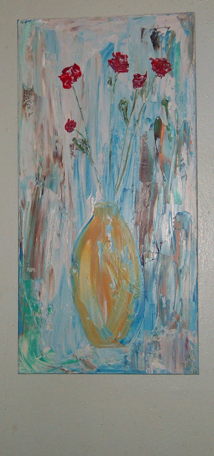 Original Painting Still Life Vessel with Chinese Roses 18x36