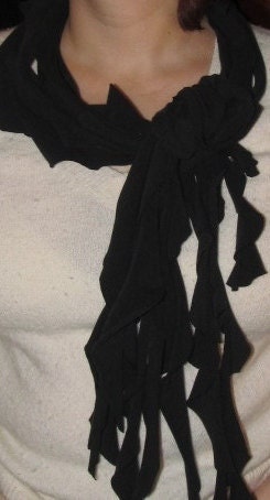 Ruffle Scarf Black Eco Friendly Upcycled Recycled Tshirt with flower pin from T shirt Price includes shipping