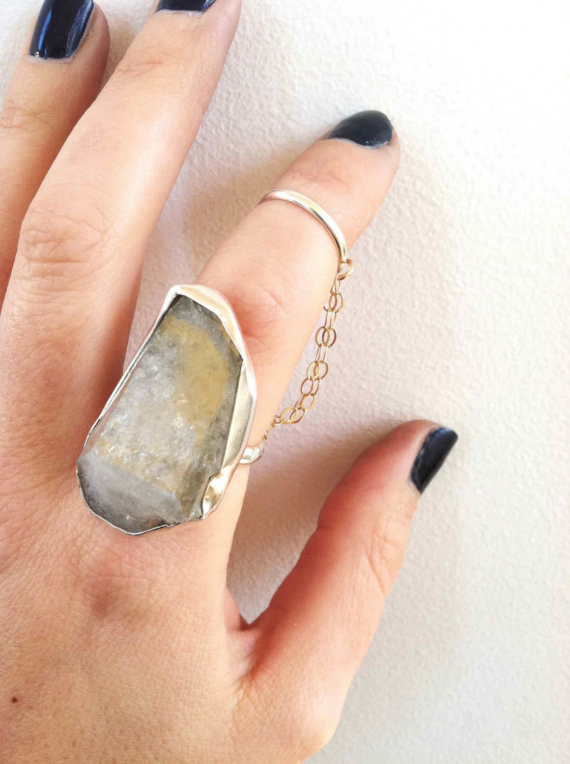 Pyramid Quartz and Sterling Silver Chain Ring