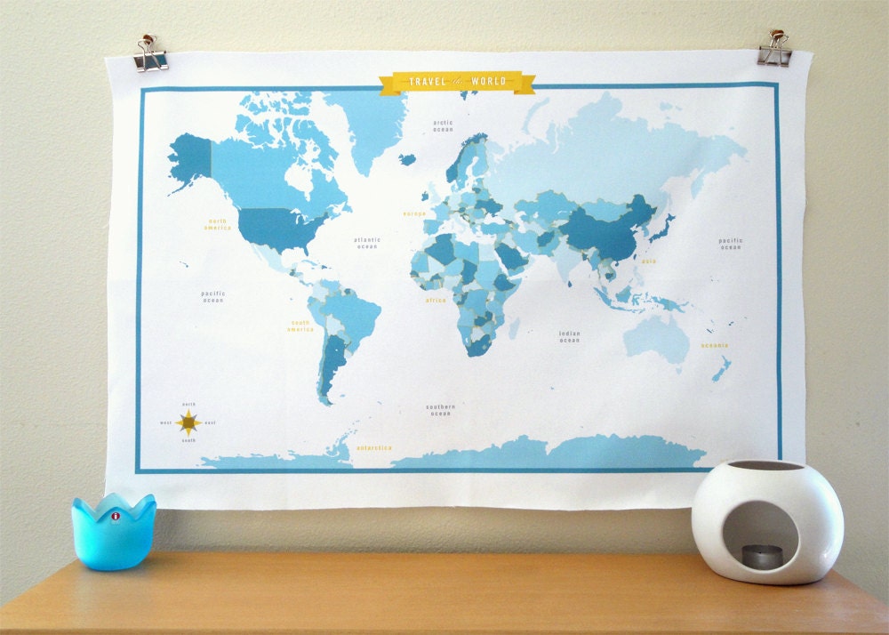 World Map Fabric - modern design print - 1 yard - blue