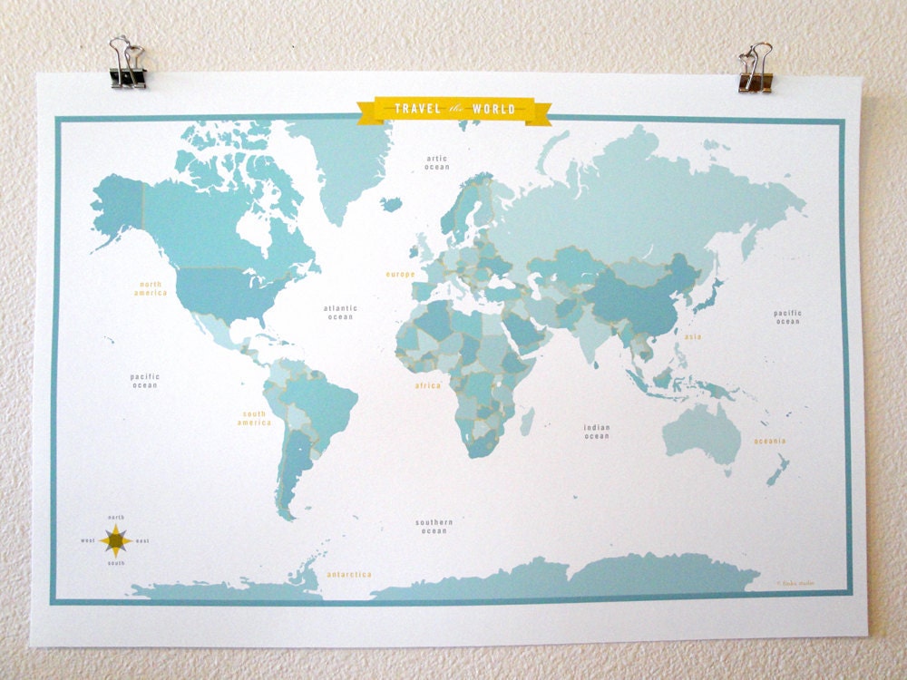 World Map - Mint - modern design print 13x19