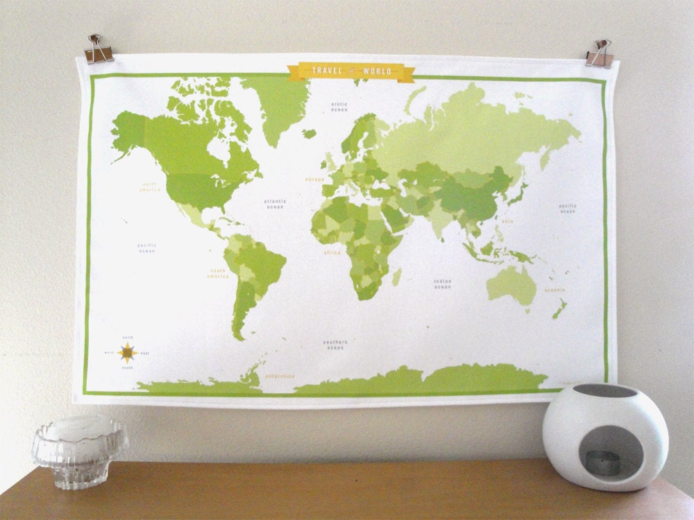 World Map Fabric - modern design print - fat quarter - green