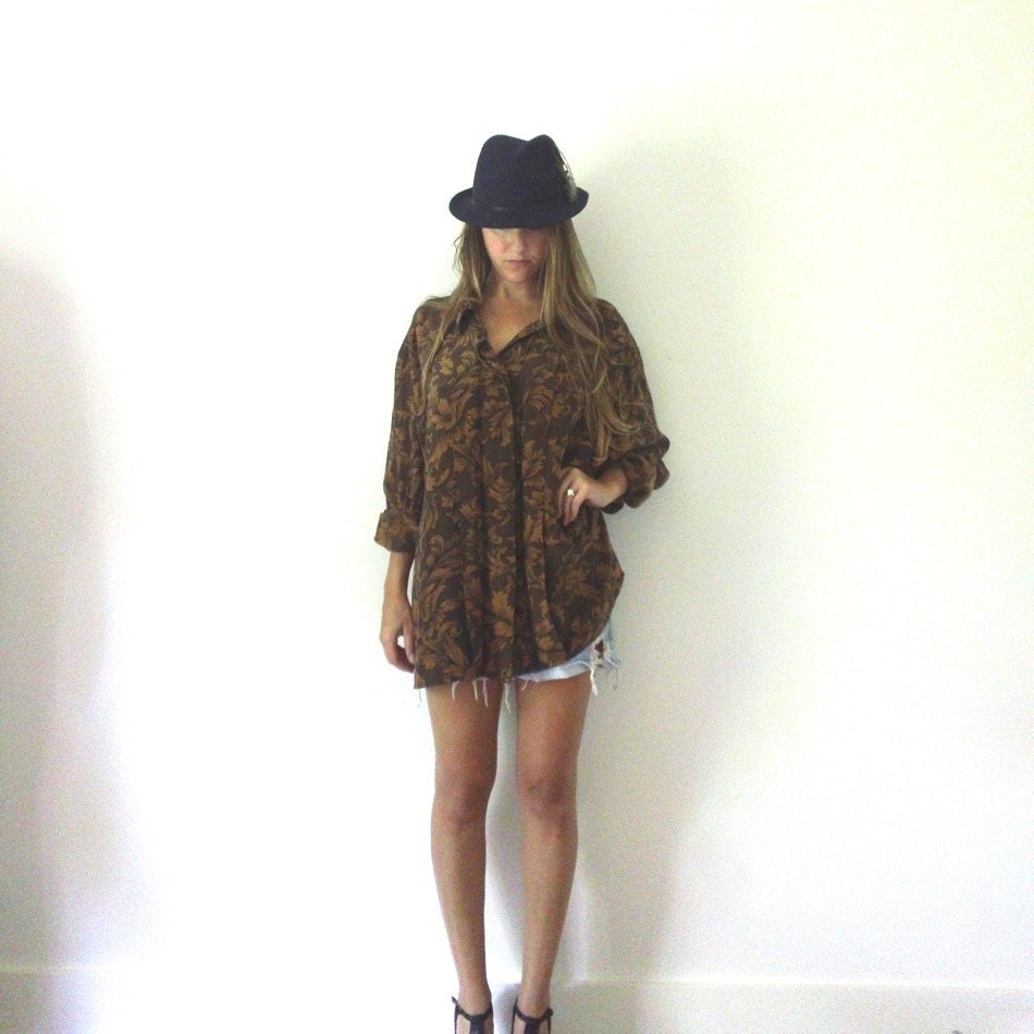 RESERVED - - Slouchy SILK BLOUSE // Light Brown and Black Oversized Button Up Silk Shirt