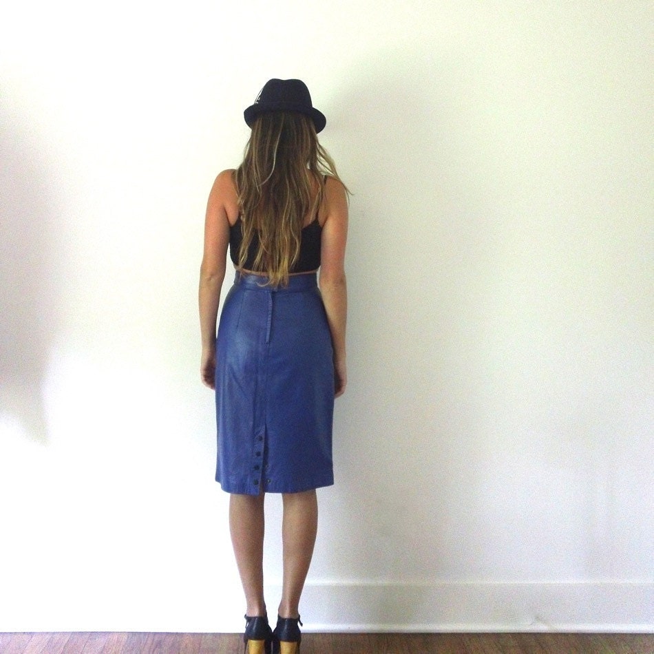 RESERVED // Blue Leather Skirt // Leather Body-Con Pencil Skirt // XS