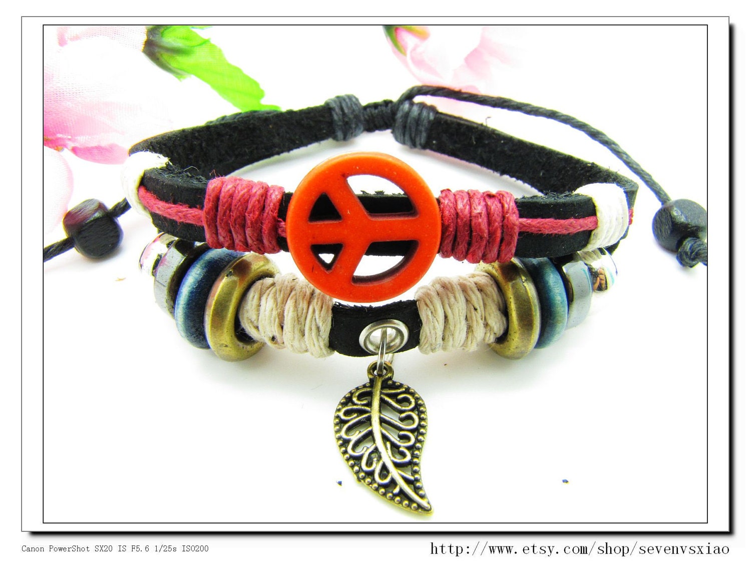 Red Anti-war peace peaceful  Adjustable Couple bracelets Cuff made of Black Leather Ropes and Color Wooden Beads 561S
