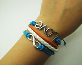 Blue Rope and White Leather Steampunk Bracelet antique silver karma love  bracelet,Infinity Wish Love Bracelet Adjustable Bracelet 907S