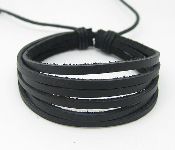 Cuff Bracelet With 6 PCS Black Leather Woven 114S