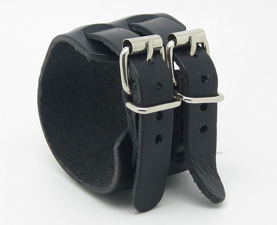 Black Real Leather Bracelet Cuff Double Buckle Mems Bracelet/Women Bracelet 116S