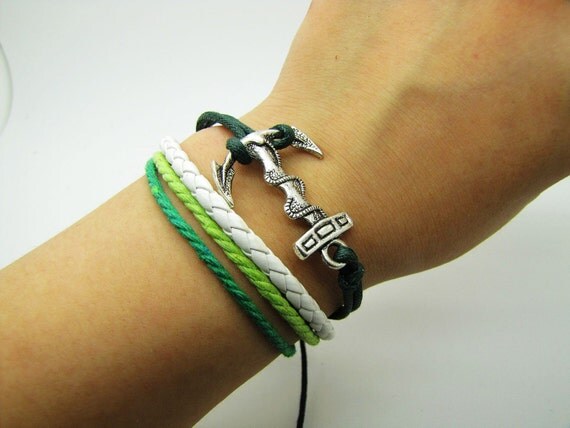 Adjustable Vintage Silver anchor Bacelet Green Anchor Bracelet With Green Rope Cuff Bracelet Vintage bracelet 794S