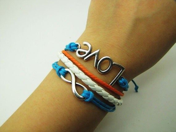Blue Rope and White Leather Steampunk Bracelet antique silver karma love bracelet,Infinity Wish Love Bracelet Adjustable Bracelet 907S
