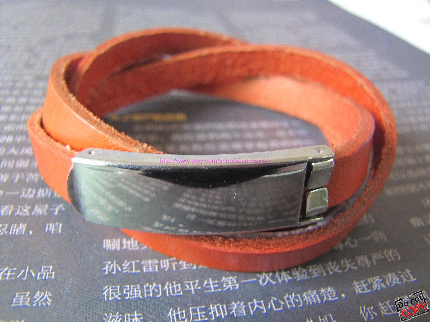 Orange Real Leather Bracelet Cuff Bracelet  Buckle Mems Bracelet/Women Bracelet 432S