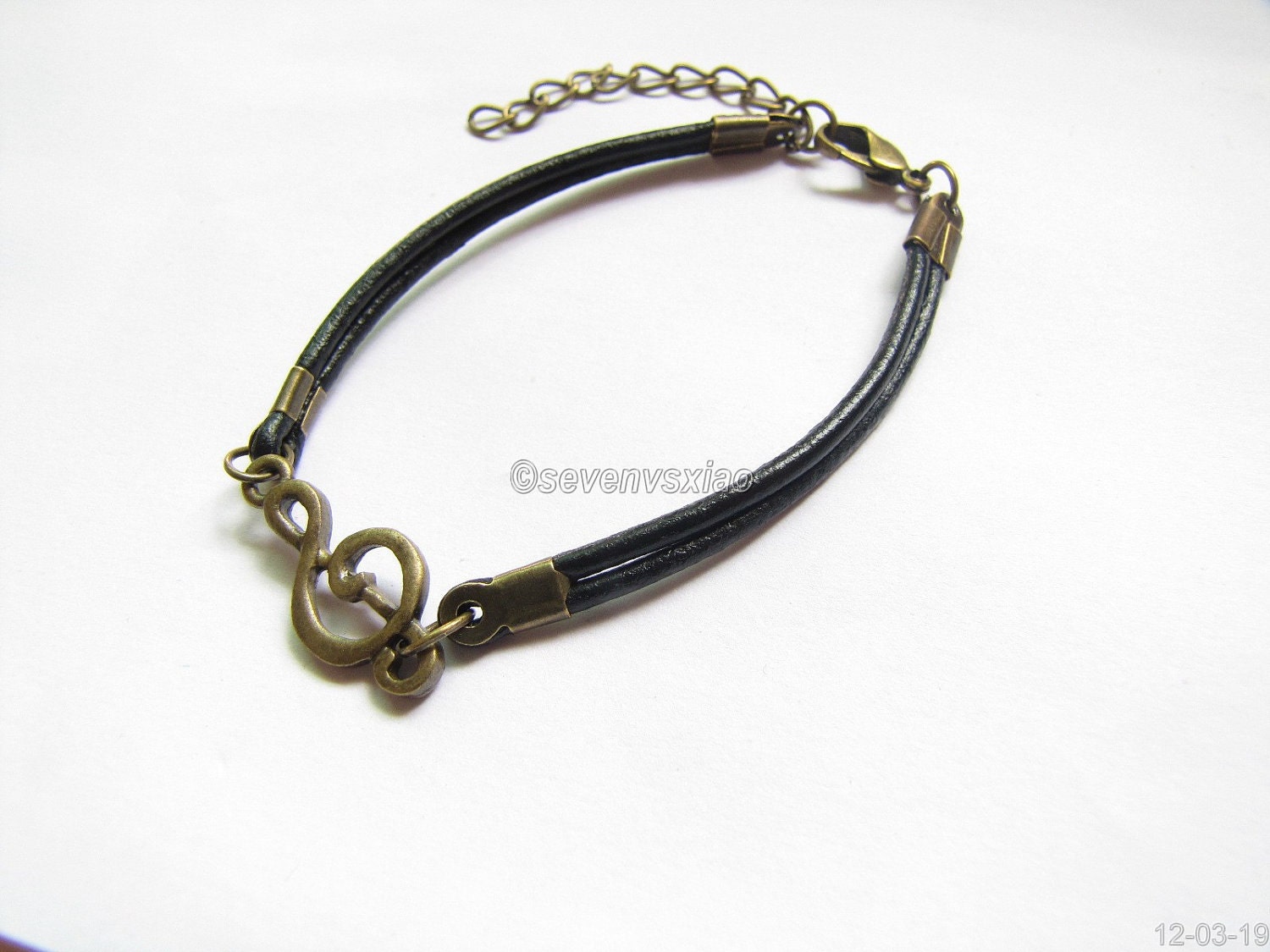 Adjustable Vintage Music Notation Bracelet  with Black Leather Cuff  Bracelet Chain Bracelet Leather Bracelet  Vintage bracelet 467S