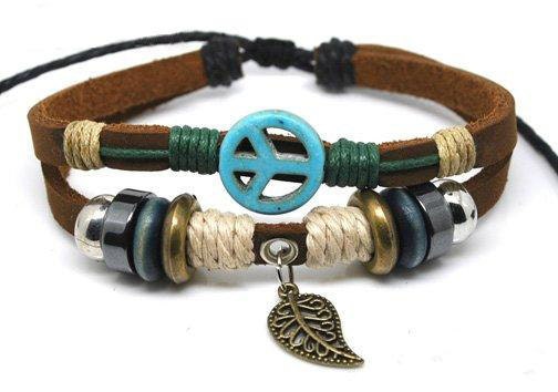10% OFF Blue Anti-war peace peaceful Adjustable Couple bracelets Cuff made of Brown Leather Ropes and Color Wooden Beads 239S2