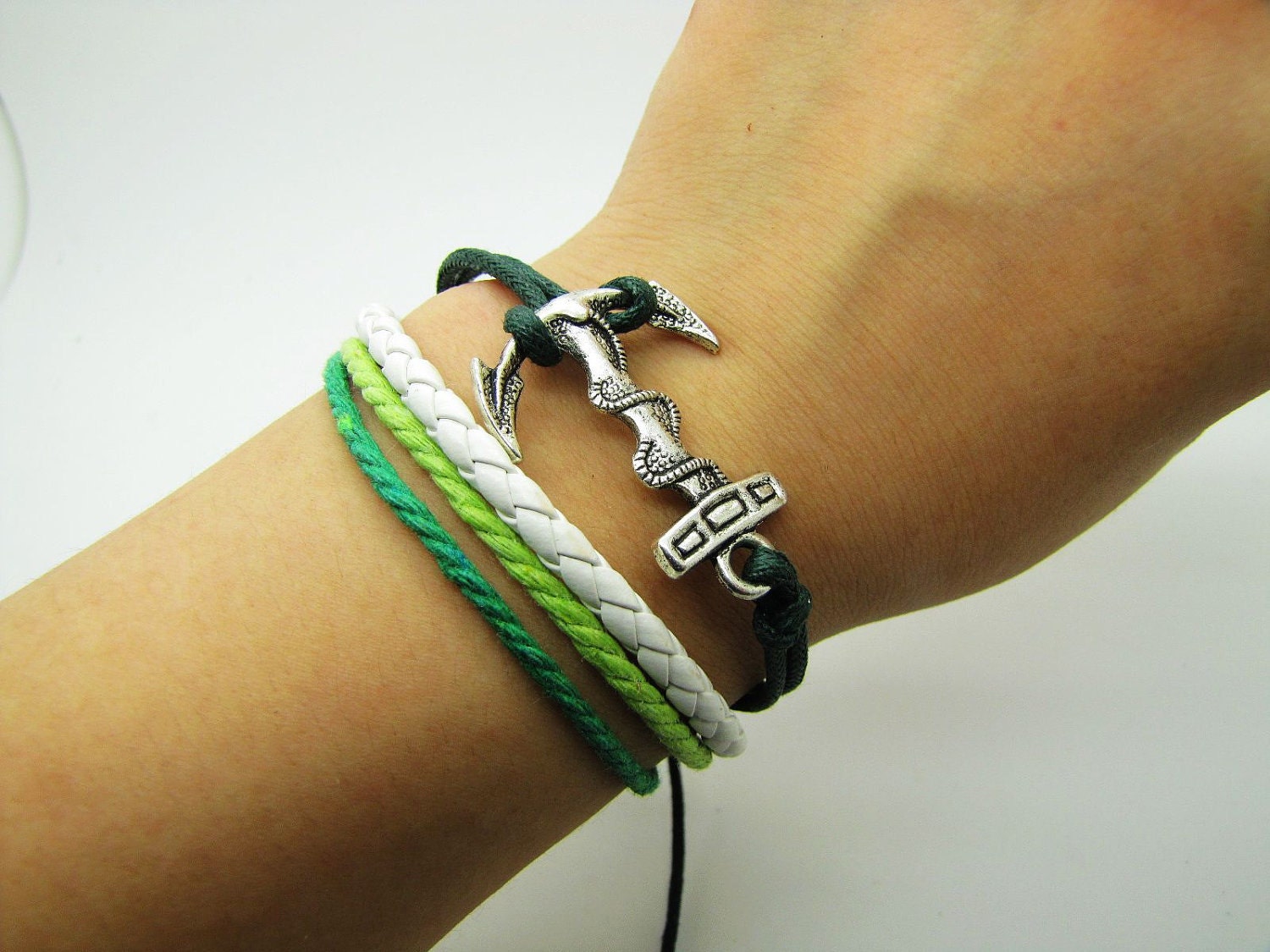 Adjustable Vintage Silver anchor Bacelet Green Anchor Bracelet With Green Rope Cuff Bracelet Vintage bracelet 794S