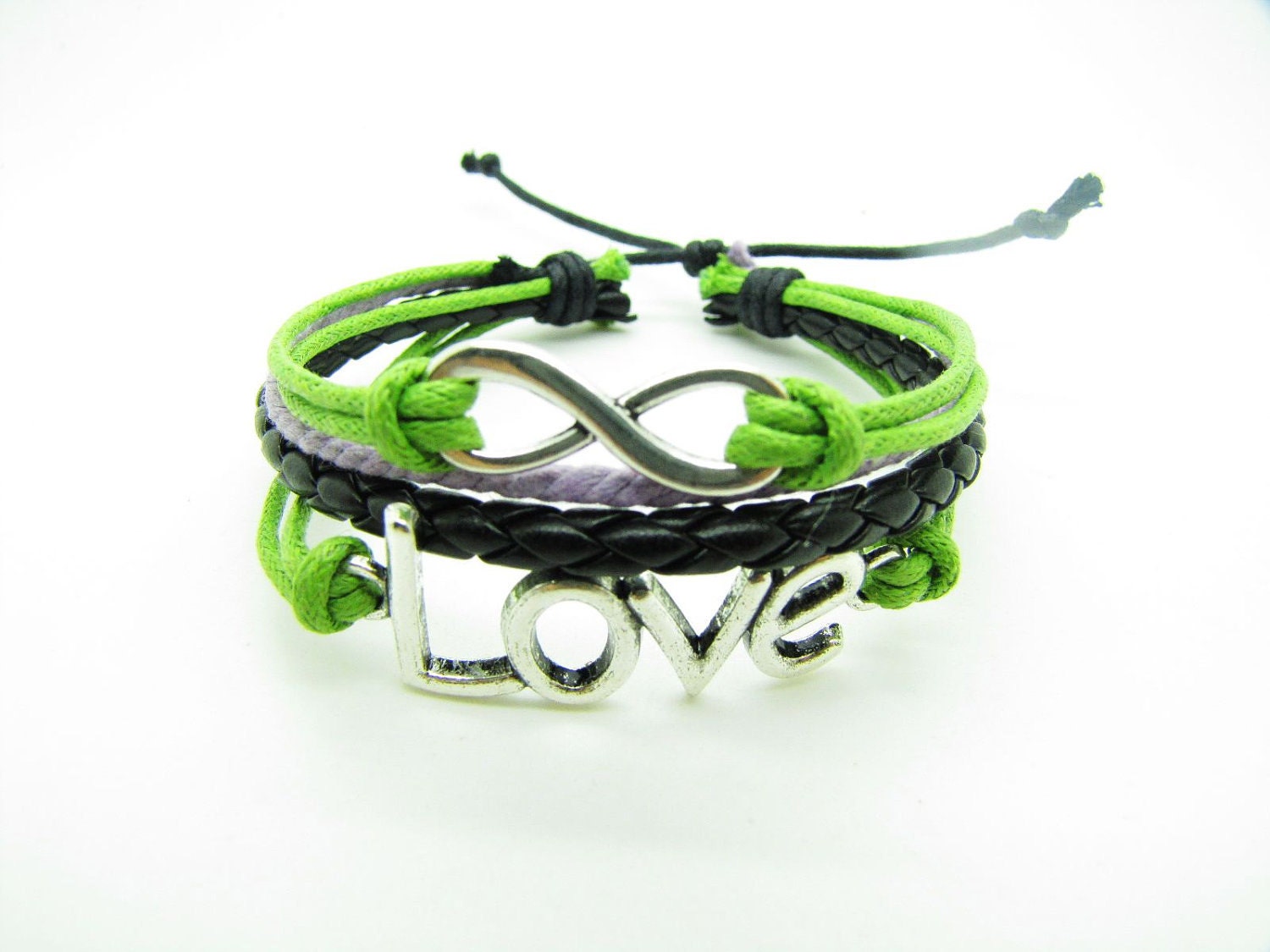 Green Rope and Black Leather Steampunk Bracelet antique silver karma love  bracelet,Infinity Wish Love Bracelet Adjustable Bracelet 908S