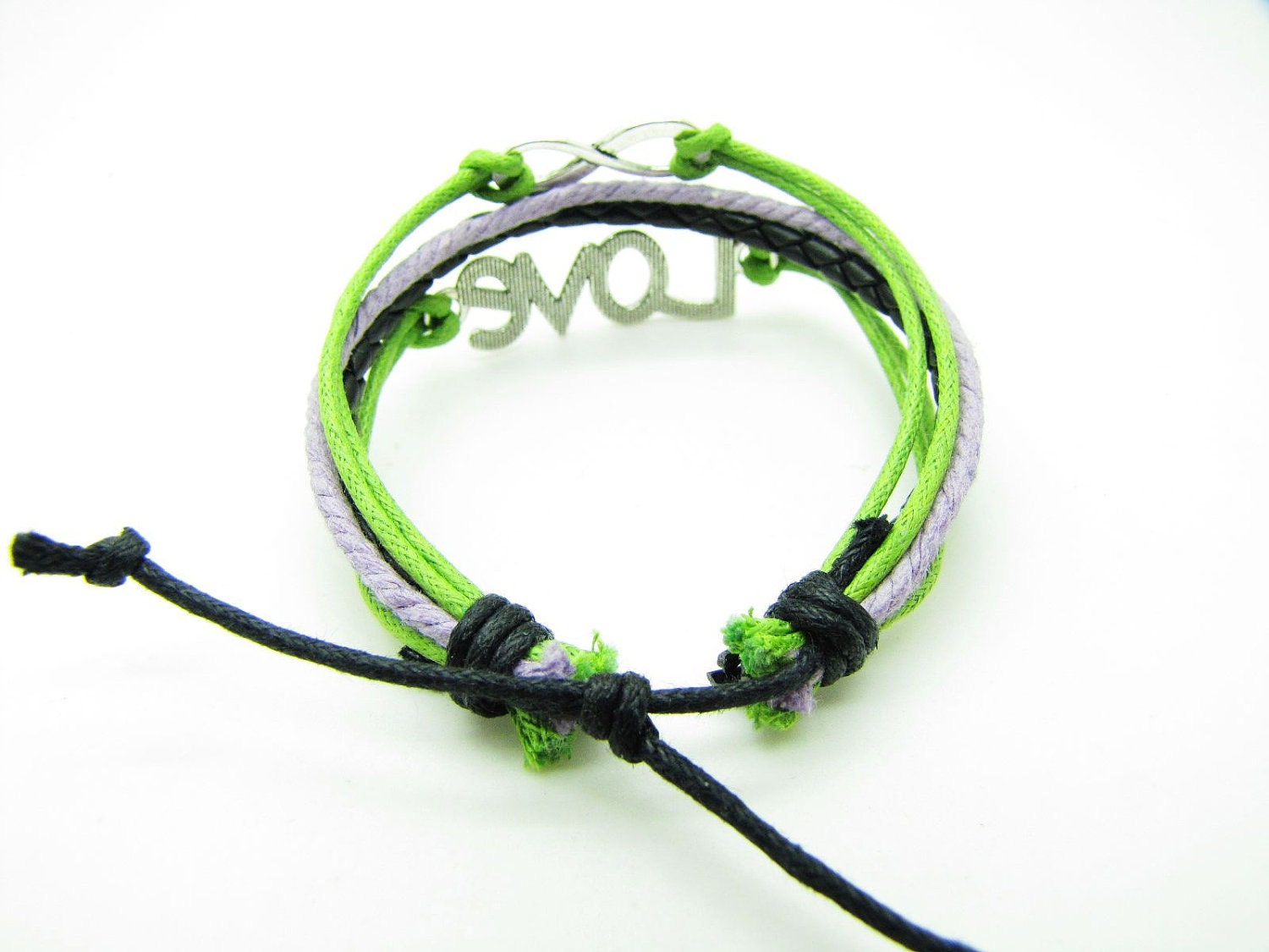 Green Rope and Black Leather Steampunk Bracelet antique silver karma love  bracelet,Infinity Wish Love Bracelet Adjustable Bracelet 908S