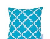 Cushion cover Geometric design. White design on aqua Linen/Cotton 35cm x 35cm