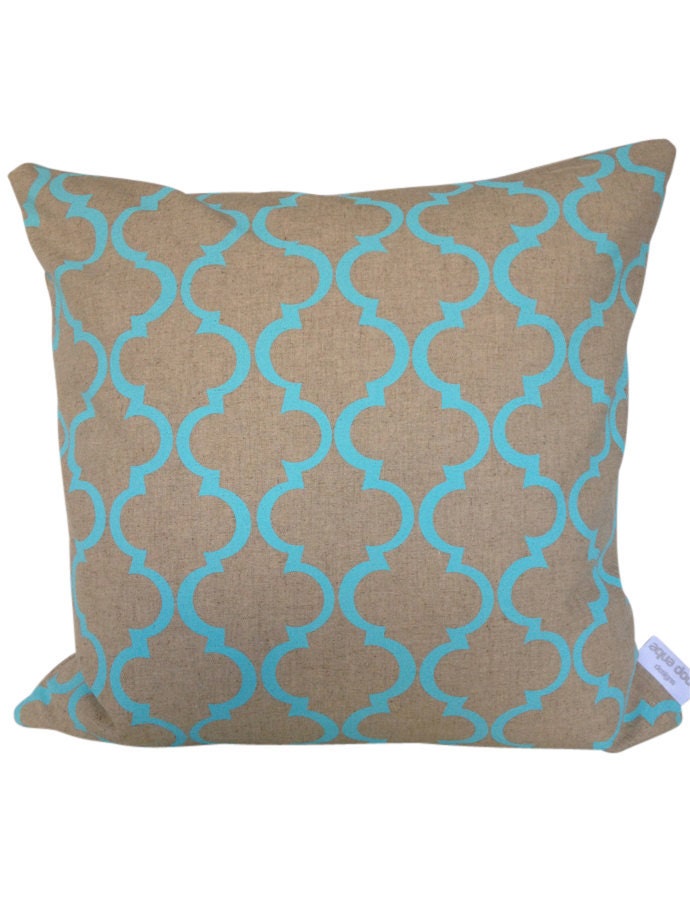 Cushion cover Geometric design. Aqua design on sand/beige Linen/Cotton 50cm x 50cm