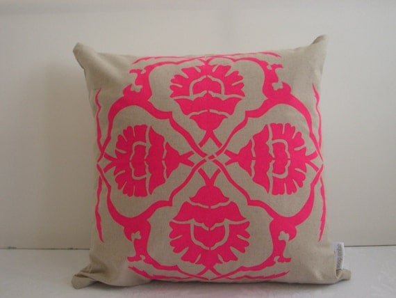 Cushion cover Floral A design. Fluro pink design on sand beige Linen/Cotton 50cm x 50cm