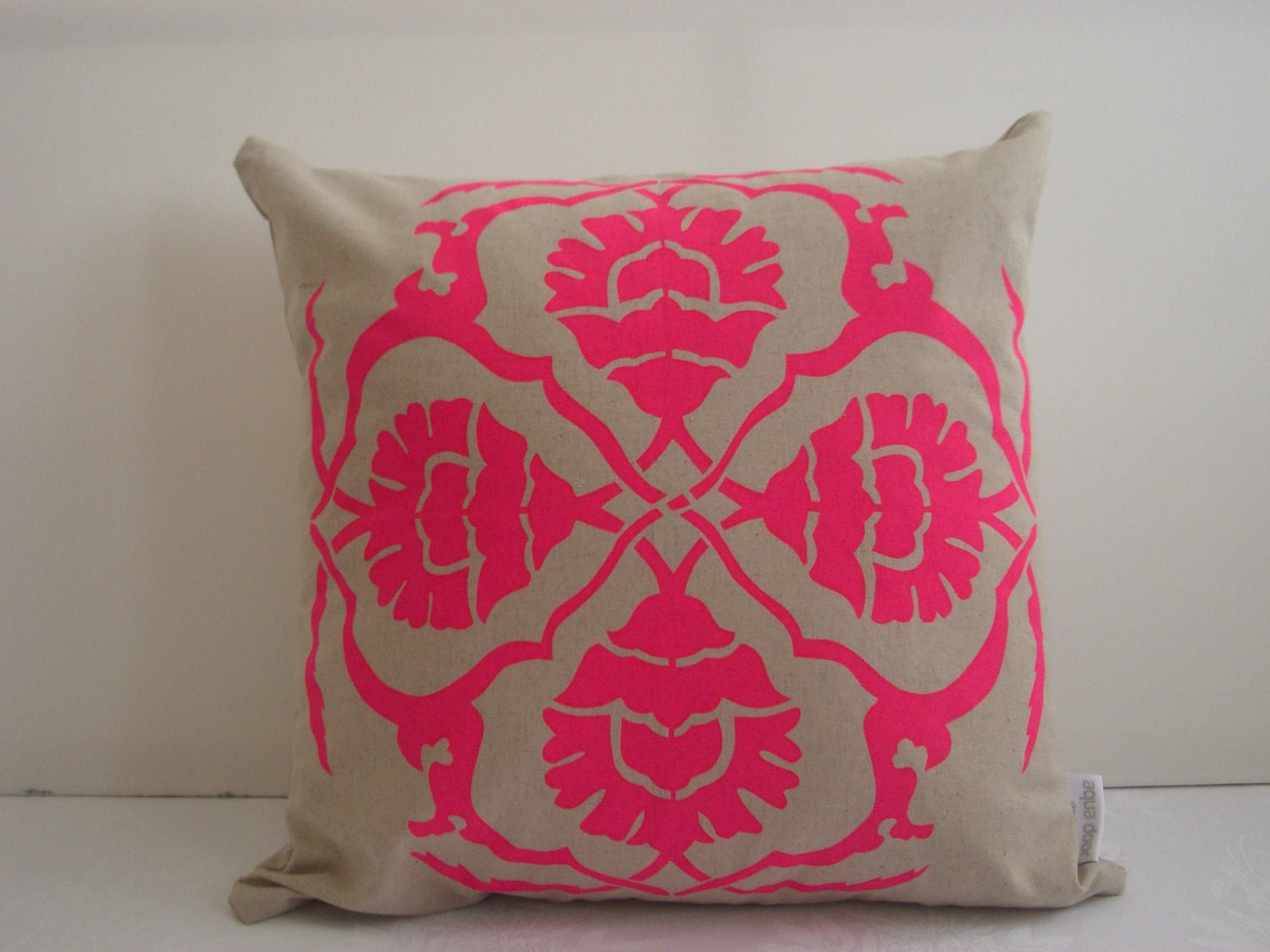 Cushion cover Floral A design. Fluro pink design on sand beige Linen/Cotton 50cm x 50cm