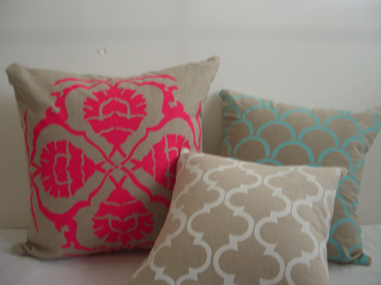 Cushion cover Floral A design. Fluro pink design on sand beige Linen/Cotton 50cm x 50cm