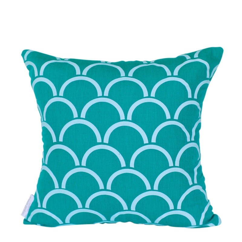 Cushion cover Arches design. Aqua design on jade green Linen/Cotton 42cm x 42cm