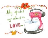 Retro Typography Art Print Pink 'My Special Ingredient is Love" Kitchen Mixer Poster 8" x 10"