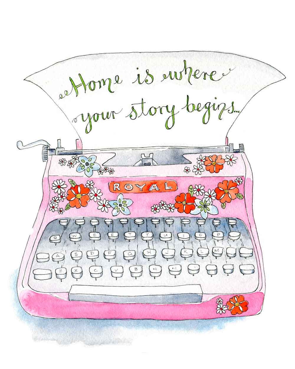 Typewriter Typography Illustration Art Print Pink  " Home" Poster 8" x 10" Vintage Style