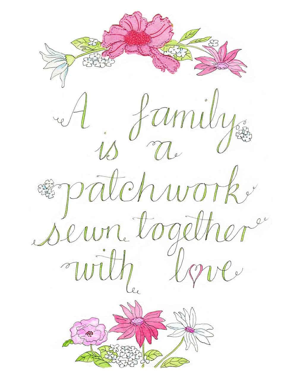 Hand Lettered Print  'A Family is a Patchwork" Art Typography Poster 8" x 10" pink green