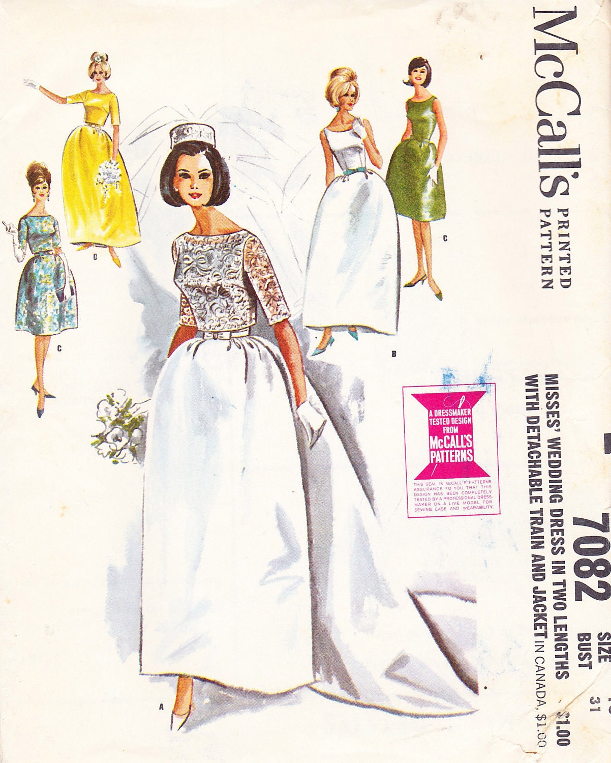 1963 Wedding Gown Vintage Pattern, Audrey Hepburn, Mad Men, Sleeveless, Detachable Train, Jacket, Bell Shaped Skirt, Formal or Short Length