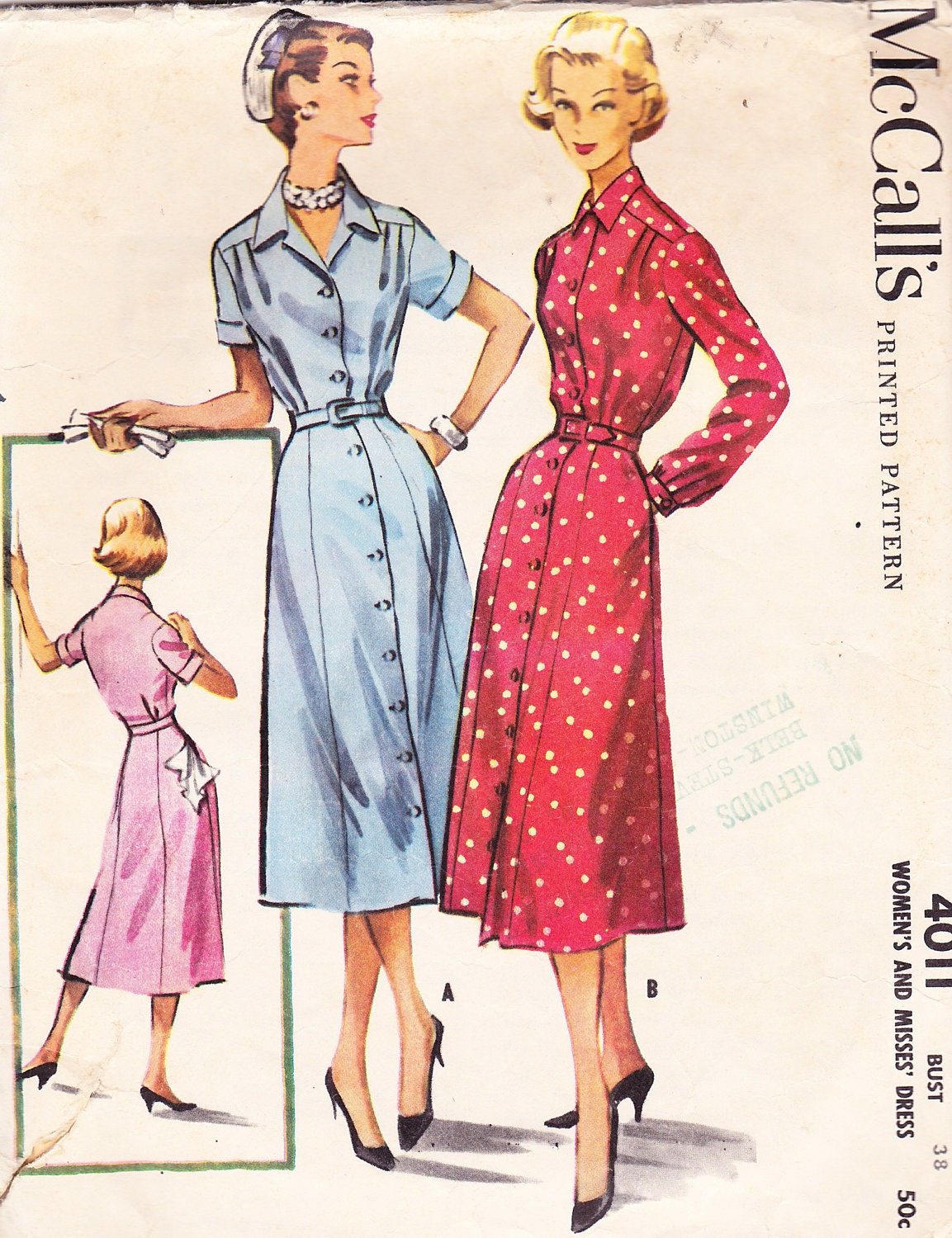 1957 Shirtwaist Dress Vintage Pattern, Rockabilly Flared Gored Skirt, Pleated Yoke, Pointed Collar, Long or Short Cuffed Sleeves