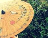 Hand painted Japanese Parasol, Vintage Asian Paper Umbrella, white cranes on noon skies,  Oriental home decor