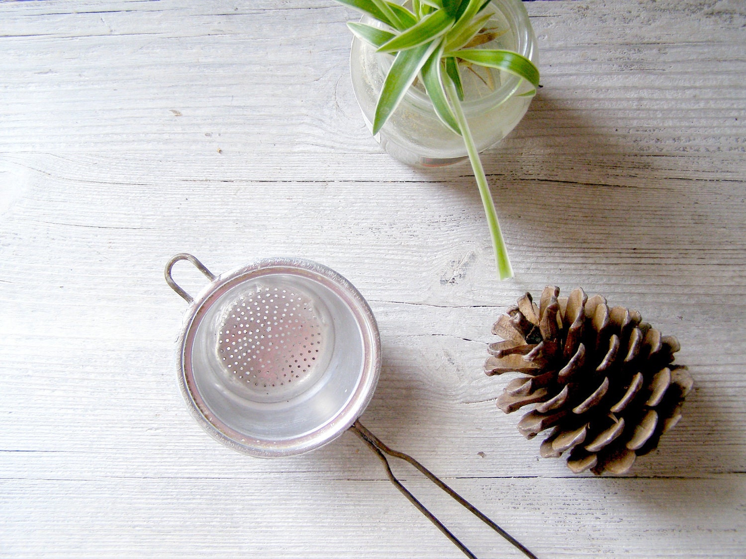Vintage Aluminum Strainer, Rustic kitchen ware, small strainer, mid century