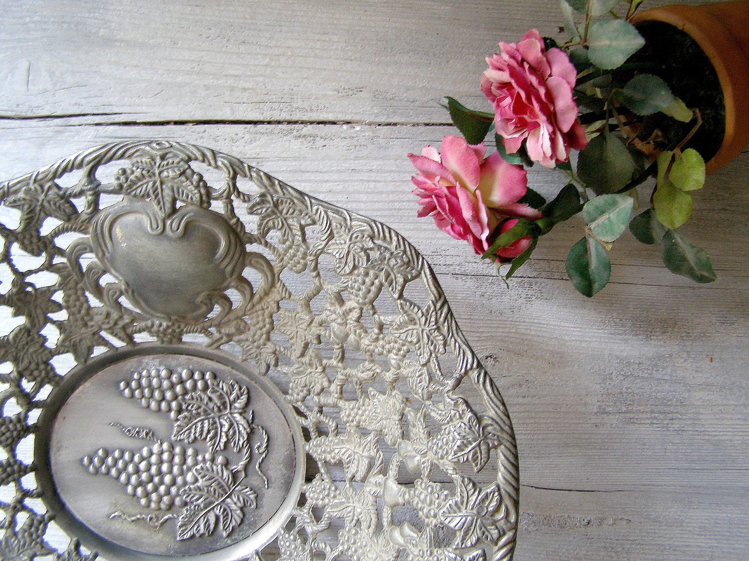 Vintage Filigree Bowl, Grapes design metal big Bowl