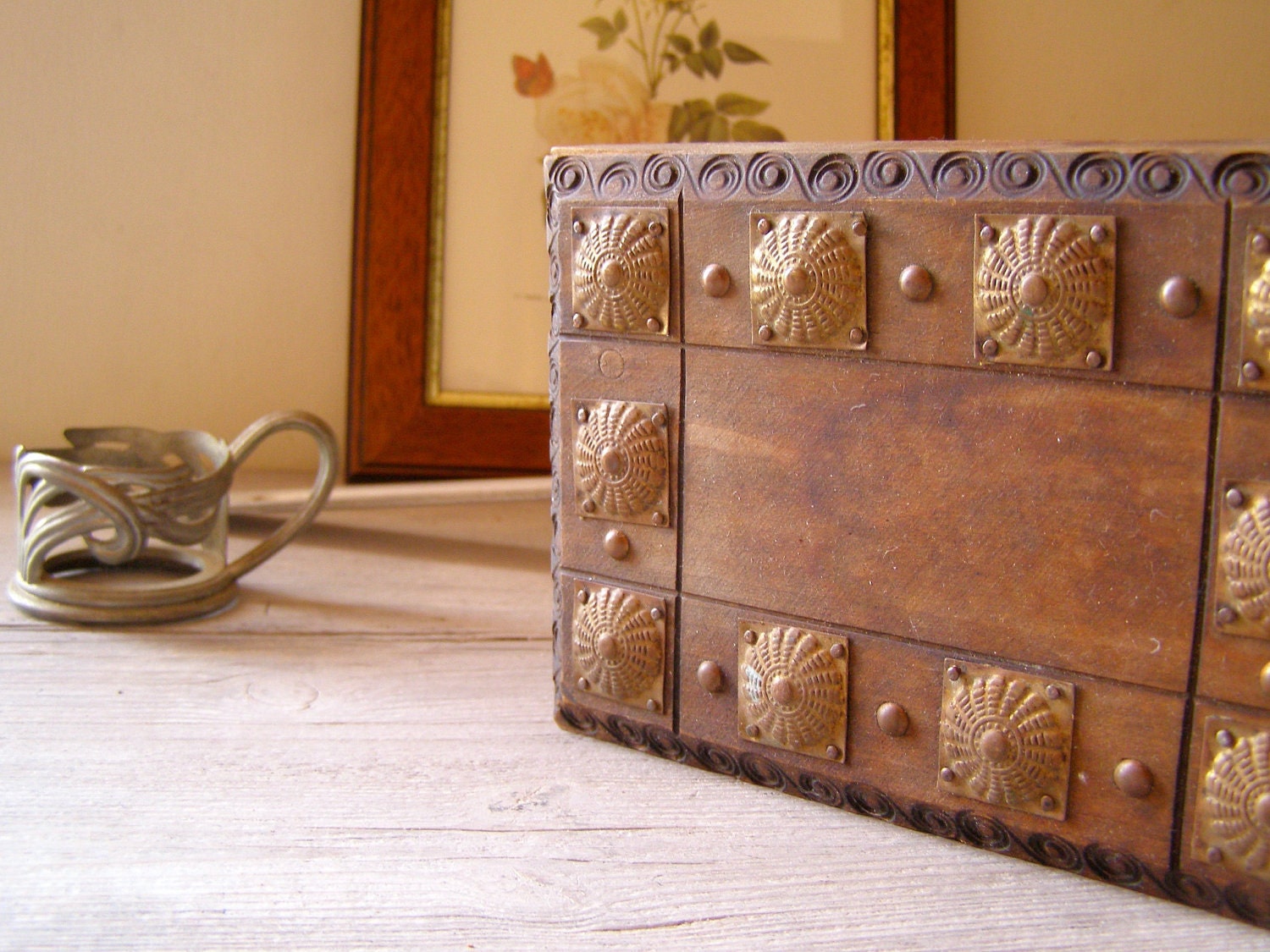 Vintage wood box, Wood and copper rustic Box