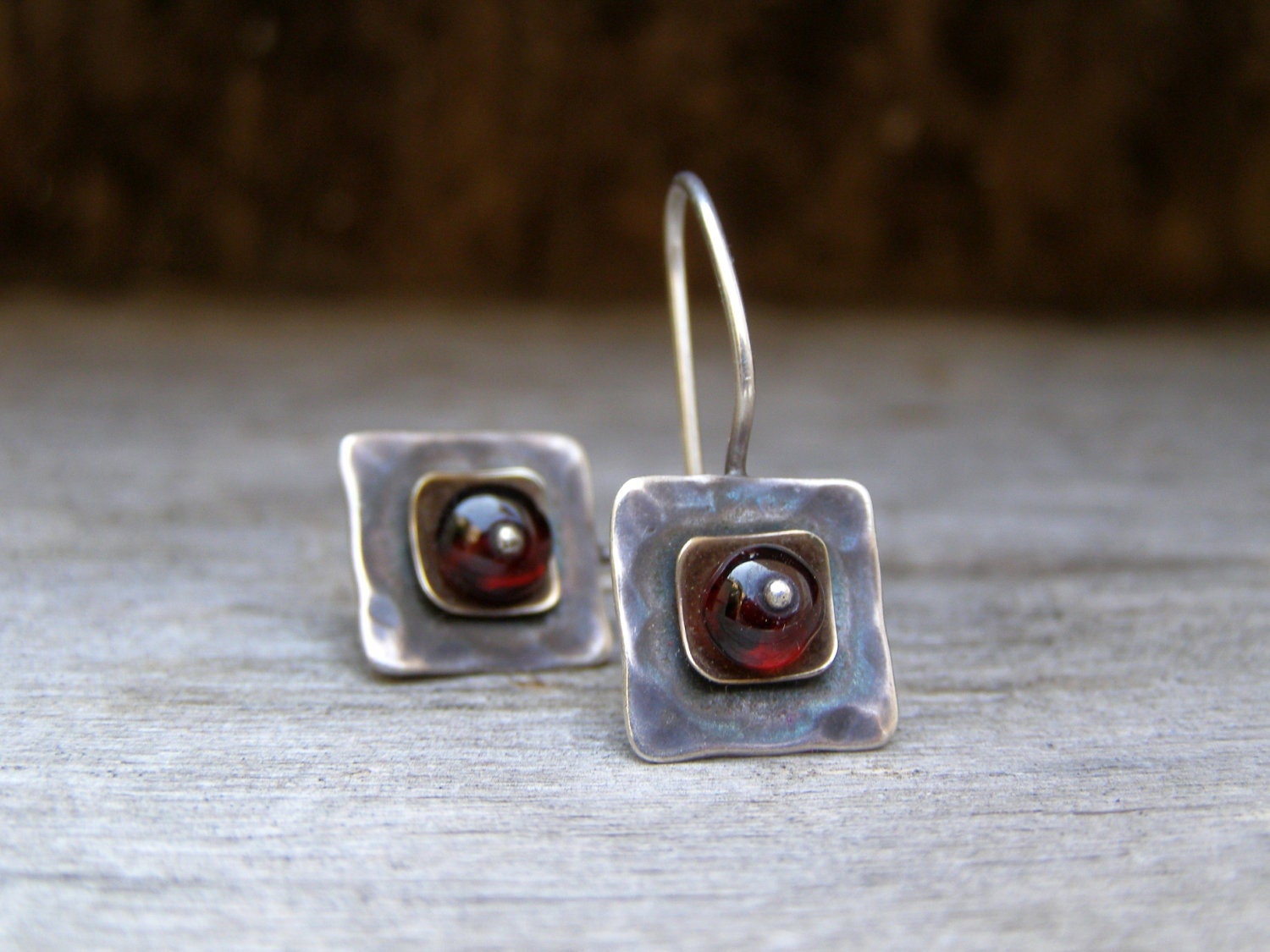 Red Ruby earrings, Silver and gold, Vintage OOAK designer, square shape, accessories, for her, designer one of a kind