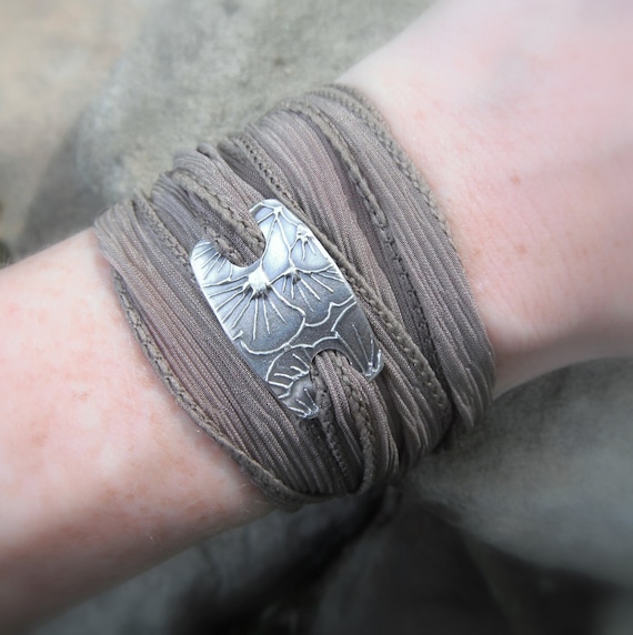 Yoga Jewelry, Ginkgo Bracelet, Wrap Bracelet- Artisan Handcrafted- Recycled Fine Silver- Silver & Silk Wrap Bracelet-
